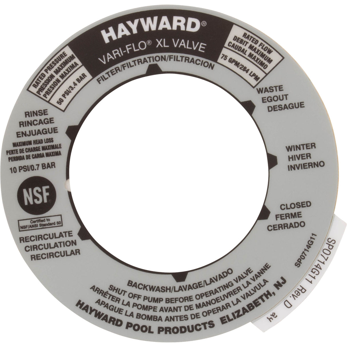 Decal, Hayward Vari-Flo XL Valve, 6 Position : SPX0714G - Hayward - 0610377210249 - PartsForSpas.com