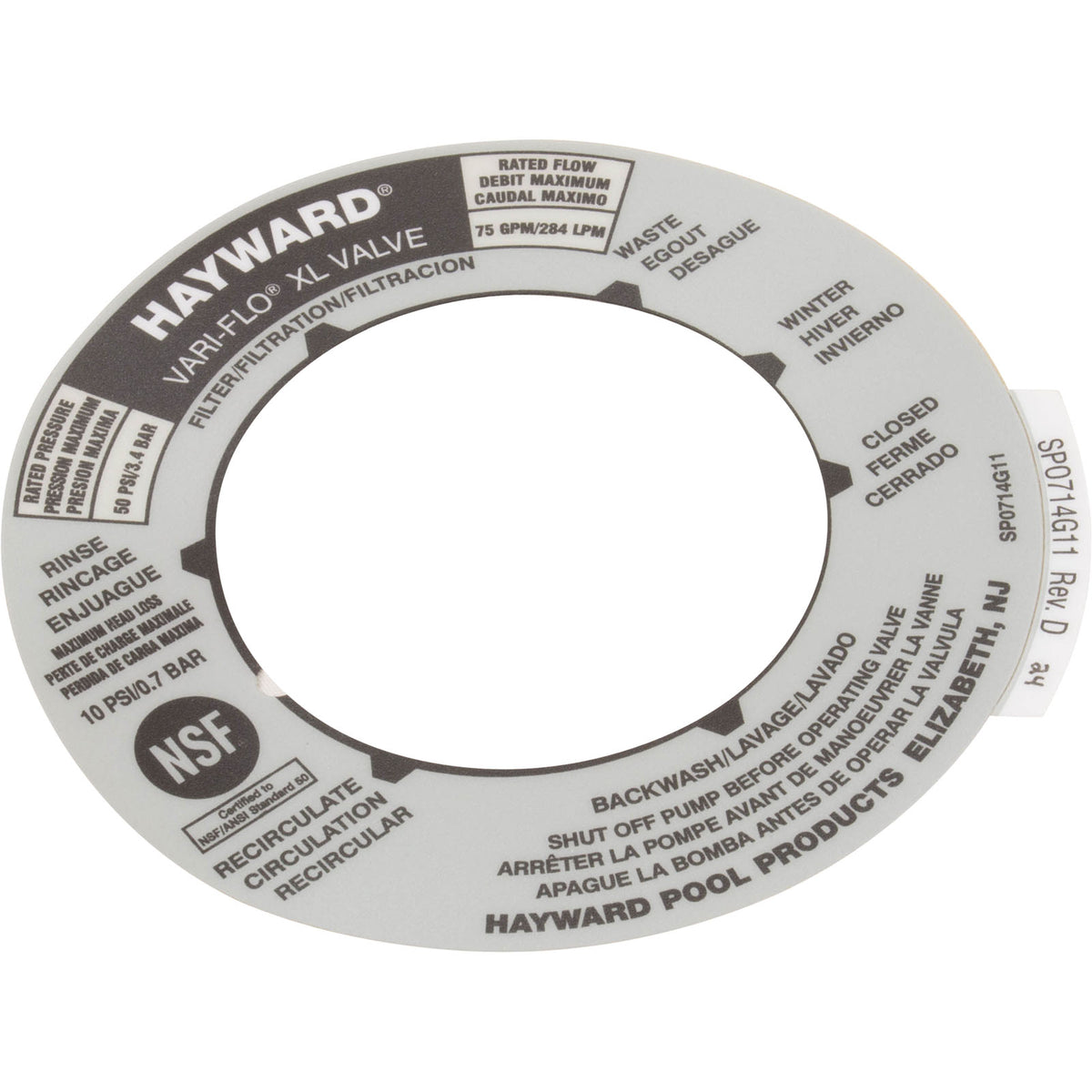 Decal, Hayward Vari-Flo XL Valve, 6 Position : SPX0714G