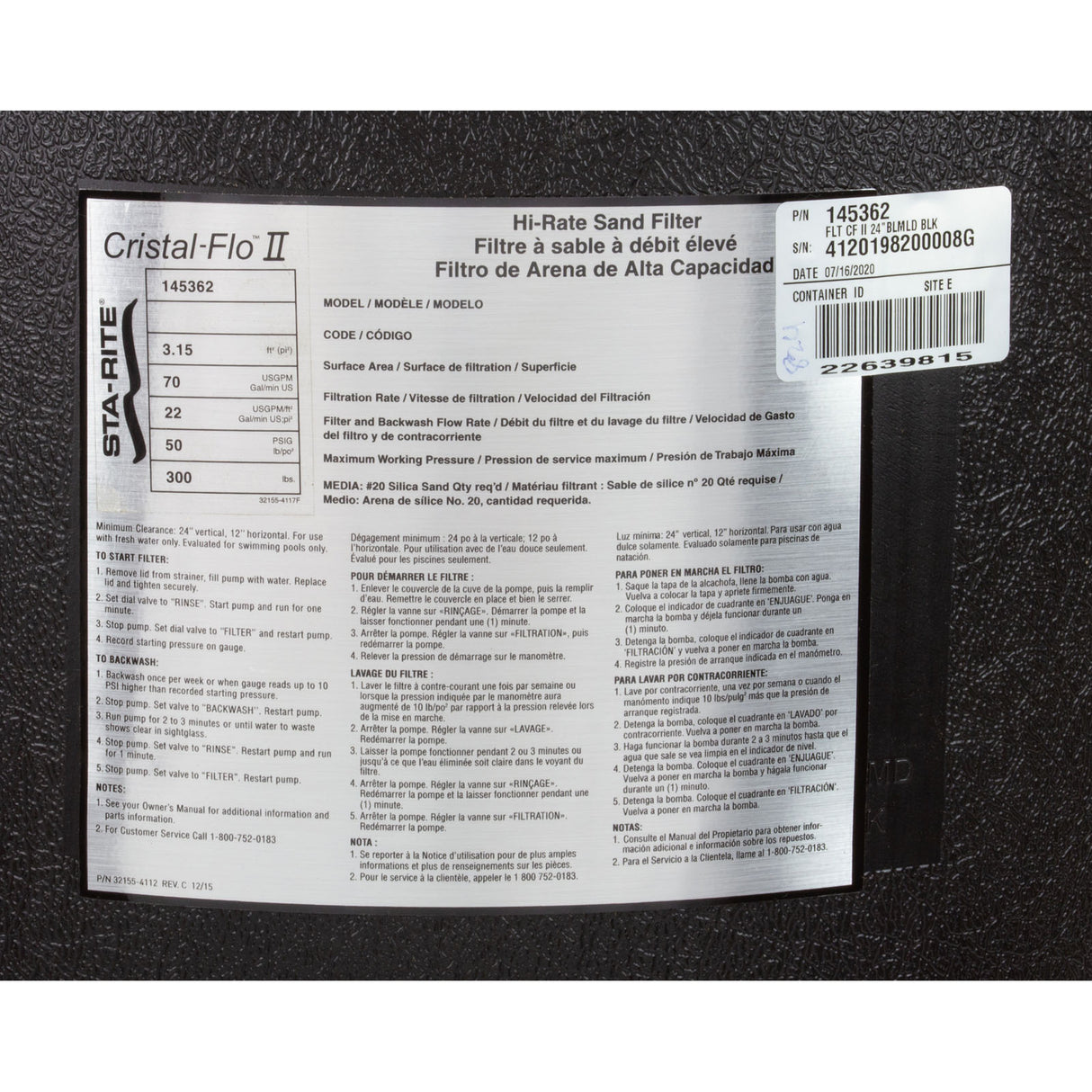 Sand Filter, Pentair CristalFlo II, 24", w/ 1-1/2" MPV : 145362