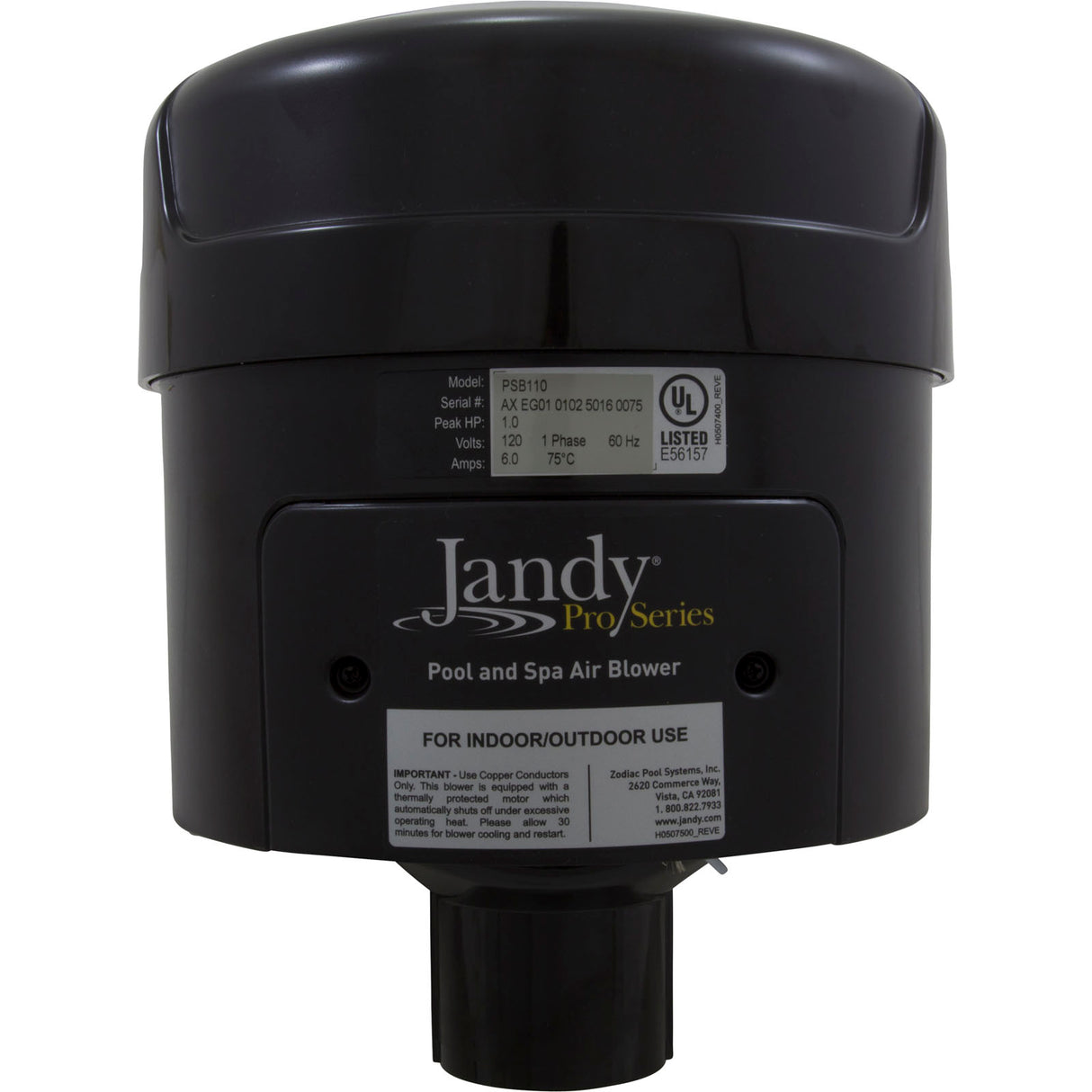 Blower, Zodiac Jandy, Plastic, 1.0hp, 115v, 6.0A, Hardwire : PSB110