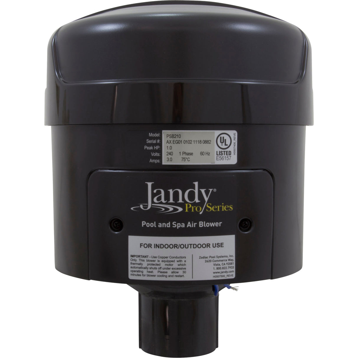 Blower, Zodiac Jandy, Plastic, 1.0hp, 230v, 3.0A, Hardwire : PSB210