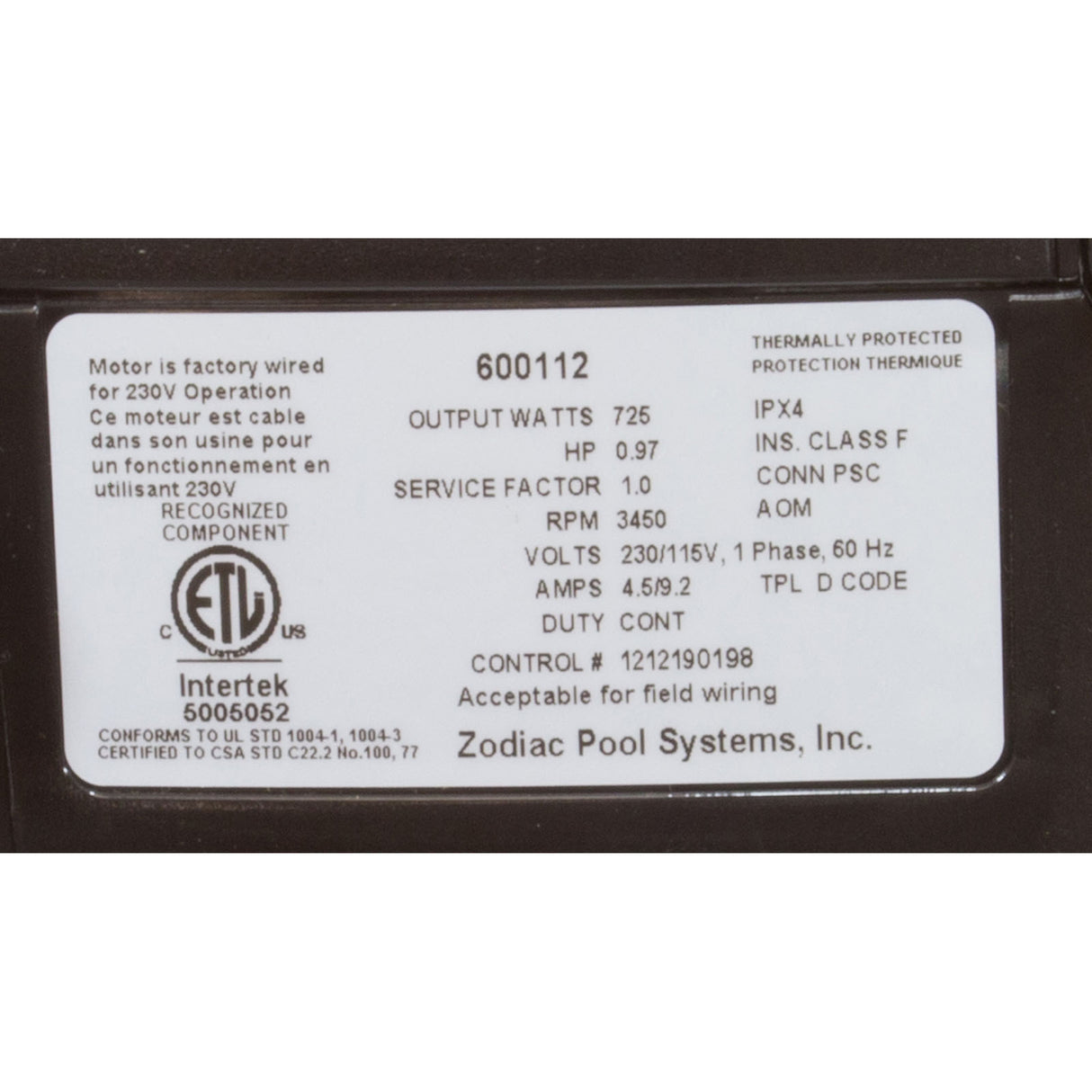 Pump, Zodiac Polaris, 1.0HP, 230/115 V, 3/4" Inlet/Outlet : PB4SQ - Zodiac - 052337072212 - PartsForSpas.com