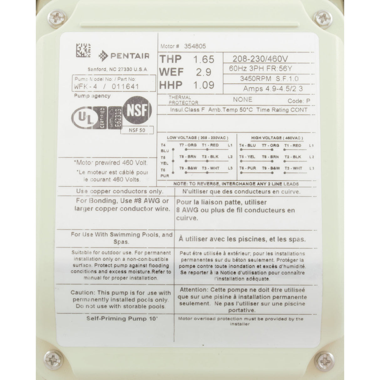 Pump, Pentair WFK-4, 1.0hp, 208-230/460v, 3-Phase, Super Duty : 011641 - Pentair - 788379863852 - PartsForSpas.com