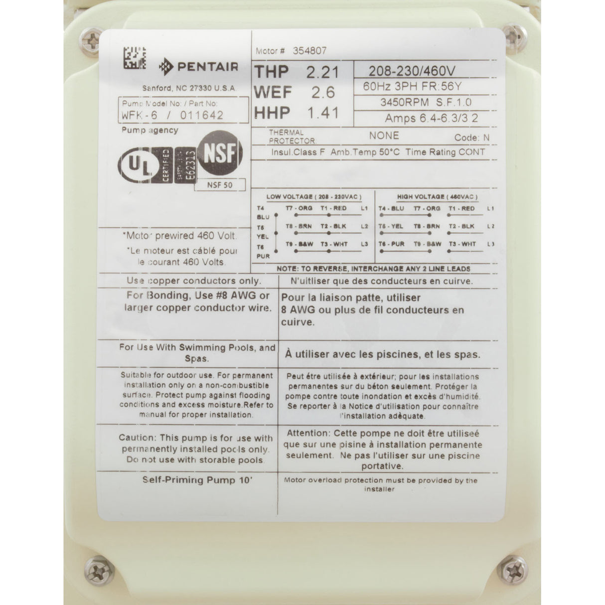 Pump, Pentair WhisperFlo, 1.5hp, 208-230/460v, 3-Phase, SD : 011642
