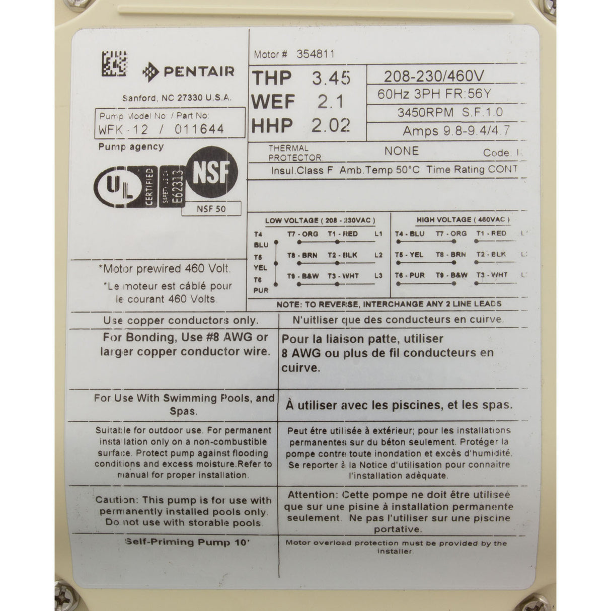 Pump, Pentair WFK-12, 3.0hp, 208-230/460, 3-Phase, Super Duty : 011644 - Pentair - 788379863883 - PartsForSpas.com