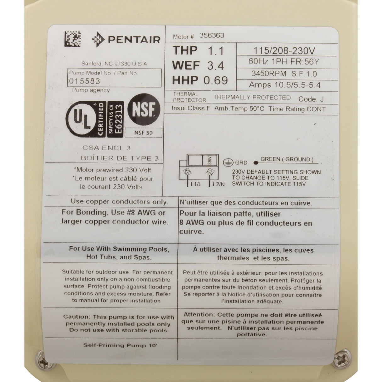 Pump, Pentair WF, 1.1hp, 115/208-230v, 1-Spd, Prem Eff, TEFC : 015583
