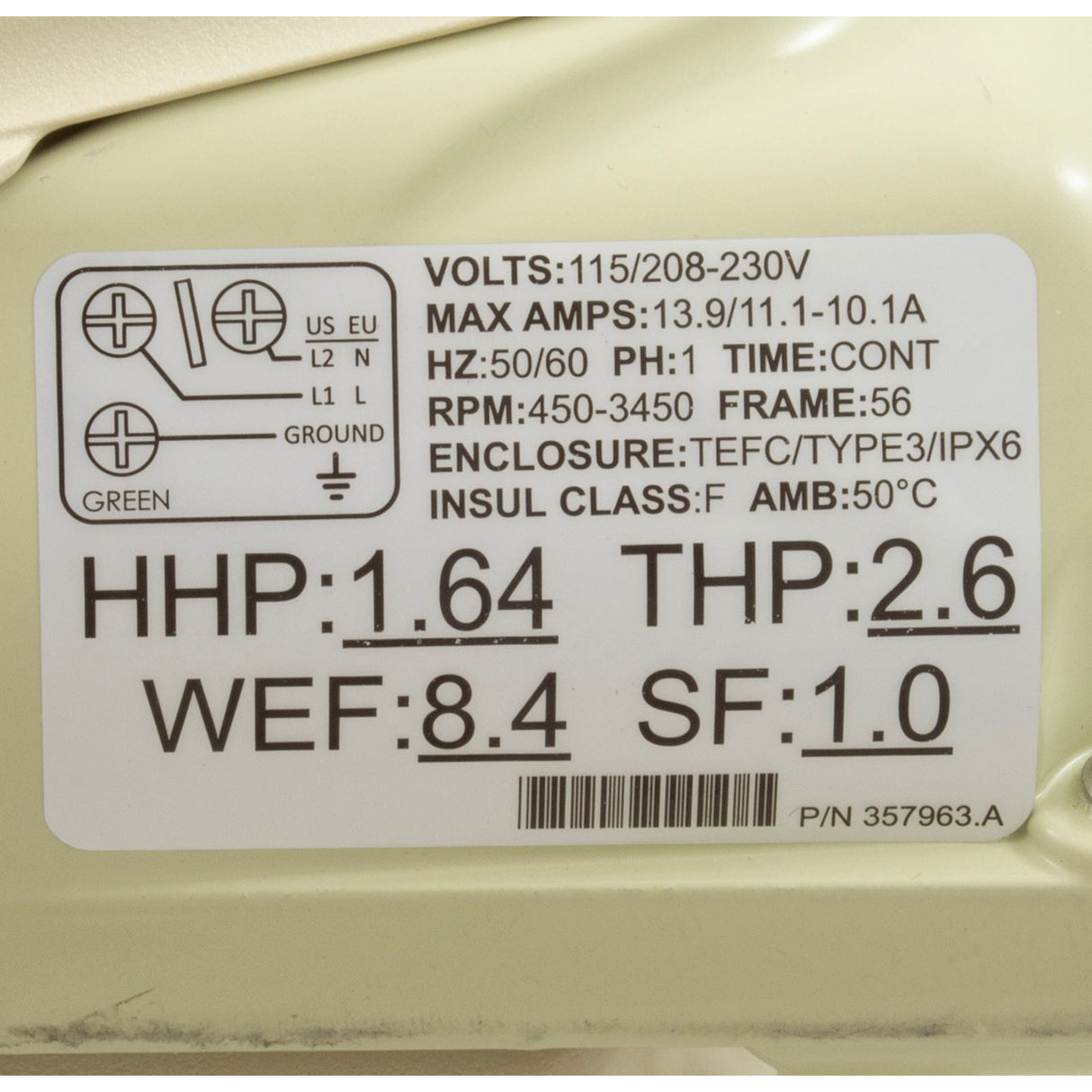 Pump, Pentair WhisperFlo VST, 2.6thp, 115v/208-230v, 2" : 011533