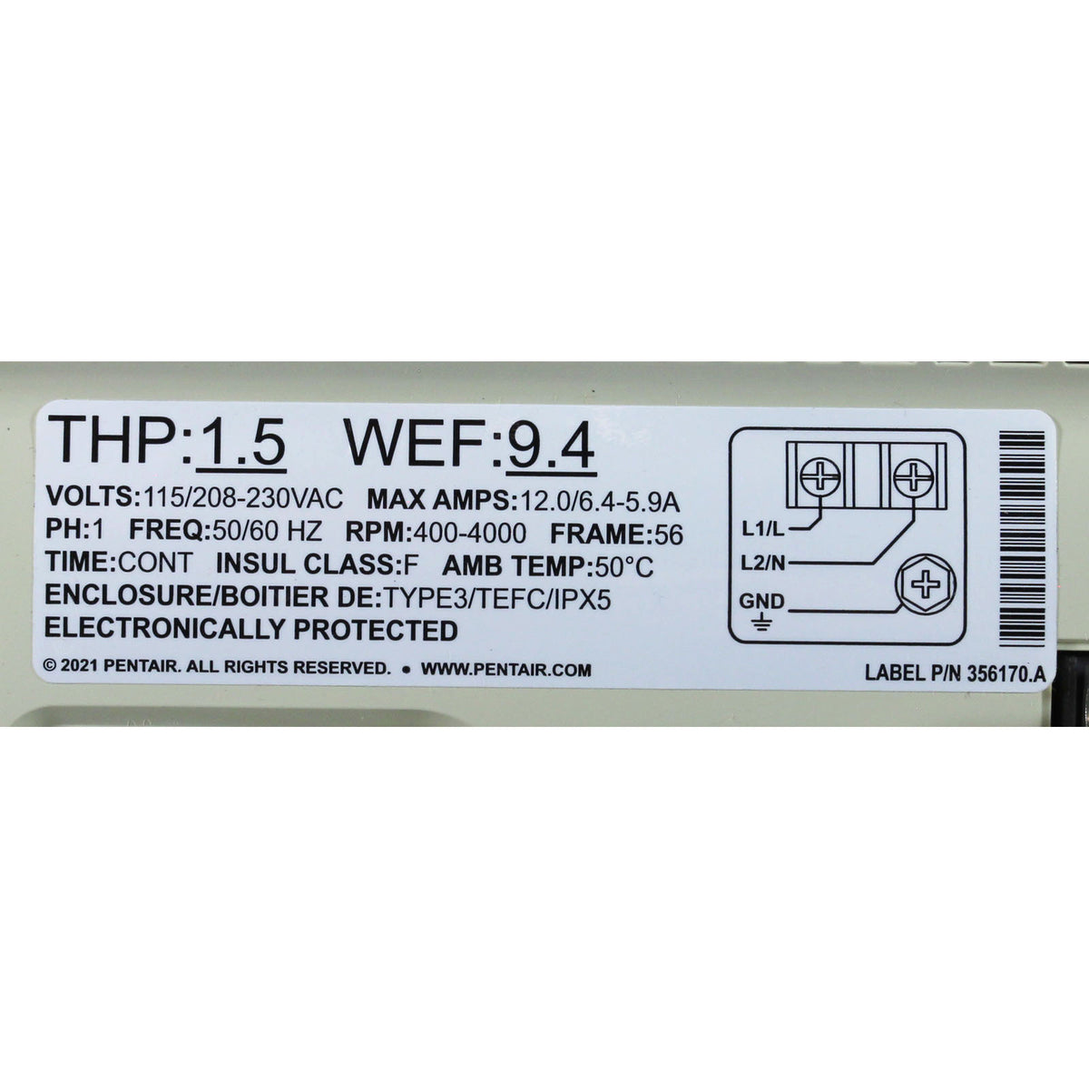 Pump, Pentair IF3 VSF, 1.5hp, 115v/208-230v, w/Relay Board : 011066