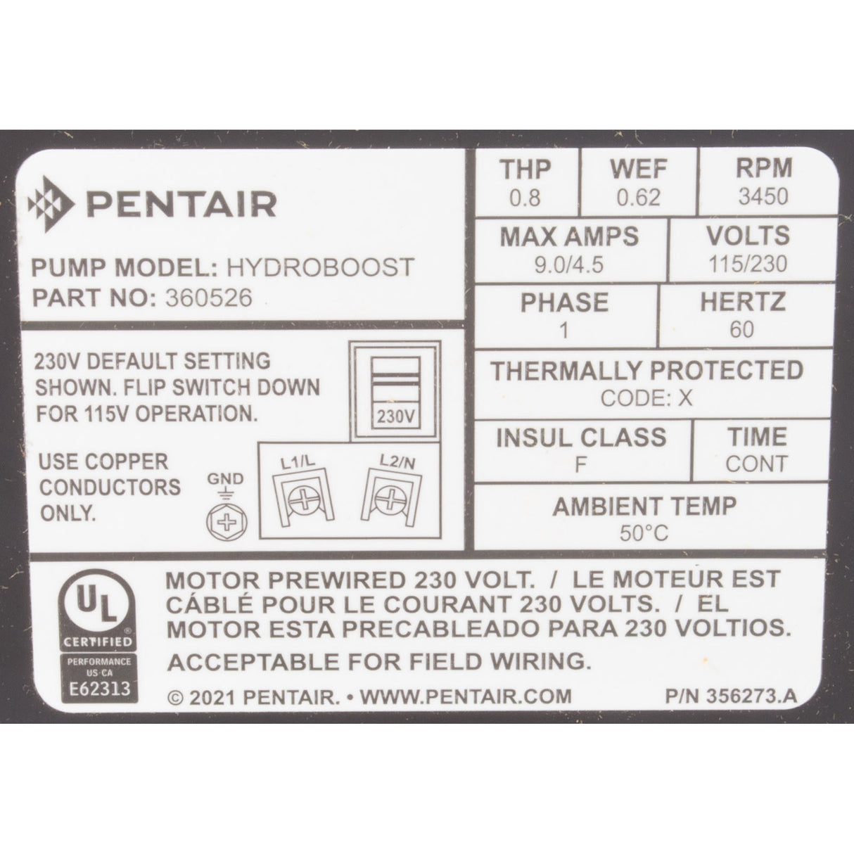 Pump, Booster, Pentair HydroBoost, 0.8thp, 115/230v, 1-Spd, TEFC : 360526 - Pentair - 788379887841 - PartsForSpas.com