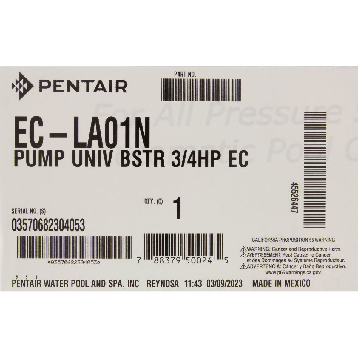 Pump, Booster, Pentair, 3/4hp, 115v/230v, E-Comm Only : EC-LA01N