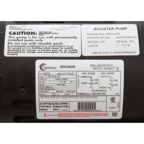 Pump, Booster, Pentair Letro, 0.75hp, 115v/230v, OEM : LA01N - StaRite/Pentair - 807318004788 - PartsForSpas.com