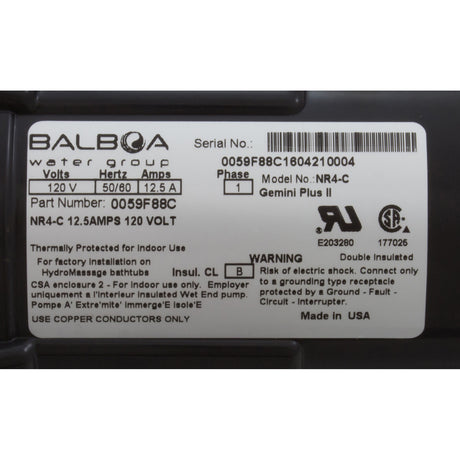Pump, Bath, BWG Gemini Plus II VS, 1.5hp, 115v, 1-1/2", OEM : 0059F88C - HydroAir/Balboa - 0059F88C - PartsForSpas.com