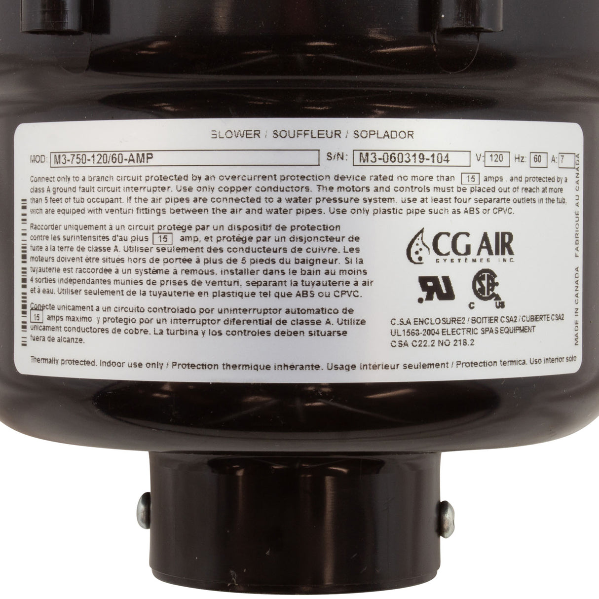 Blower, CG Air Millenium 3, 115v, 7.0A, 3-Spd, 3ft AMP : M3-120/60