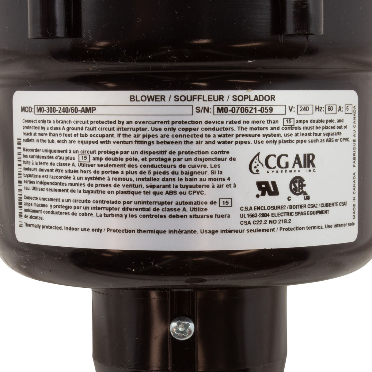 Blower, CG Air Millenium O, 230v, 6.0A, Heater, 3' AMP, w/Muffler : MO300-240/60A