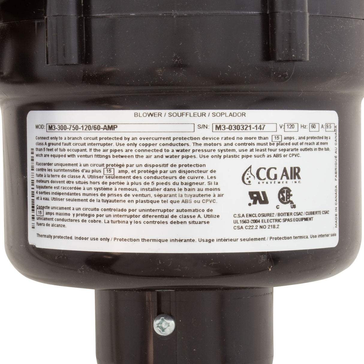 Blower, CG Air Millenium3, 115v, 3Spd, 9.5A, Heater, 3', Mflr, AS : M3300750120/60-AMP