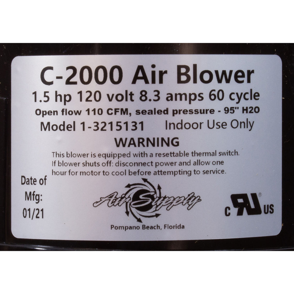 Blower, Air Supply Comet 2000, 1.5hp, 115v, 8.3A, 4ft AMP : 3215131