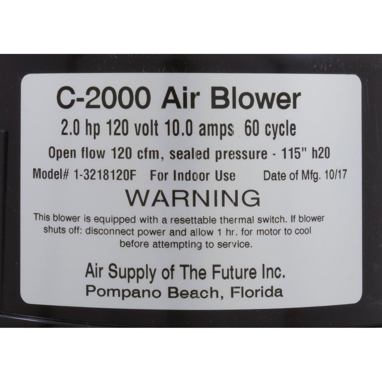 Blower, Air Supply Comet 2000, 2.0hp, 115v, 10A, 4ft AMP : 3220131