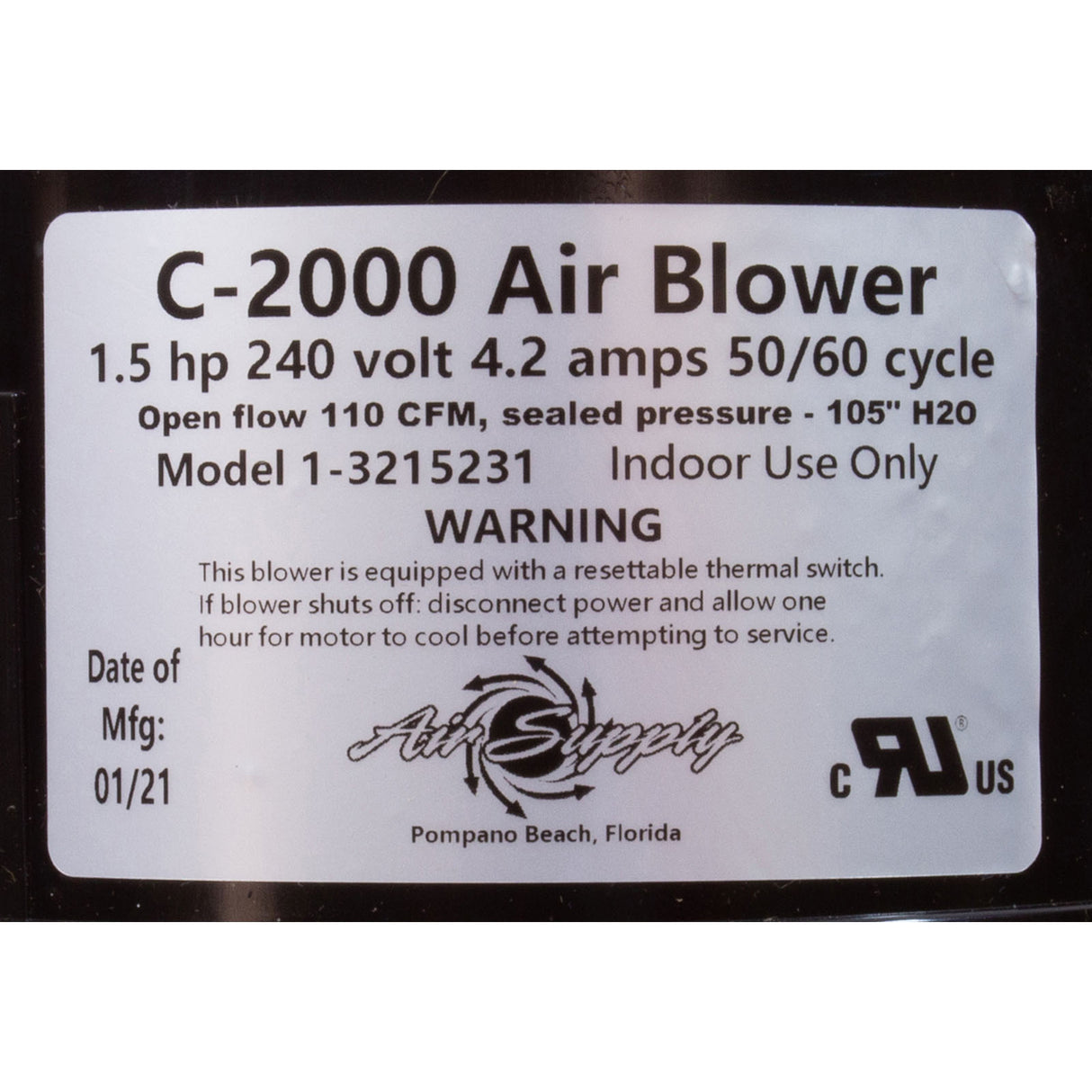 Blower, Air Supply Comet 2000, 2.0hp, 230v, 4.9A, 4ft AMP : 3220231