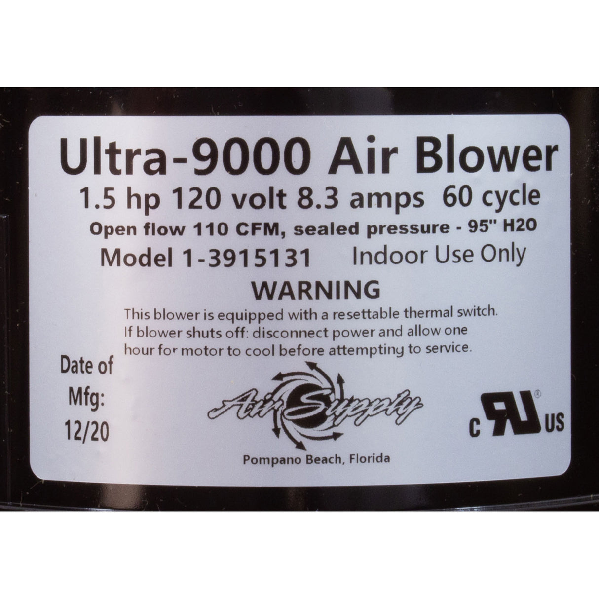 Blower, Air Supply Ultra 9000, 1.5hp, 115v, 8.3A, 4ft AMP : 3915131