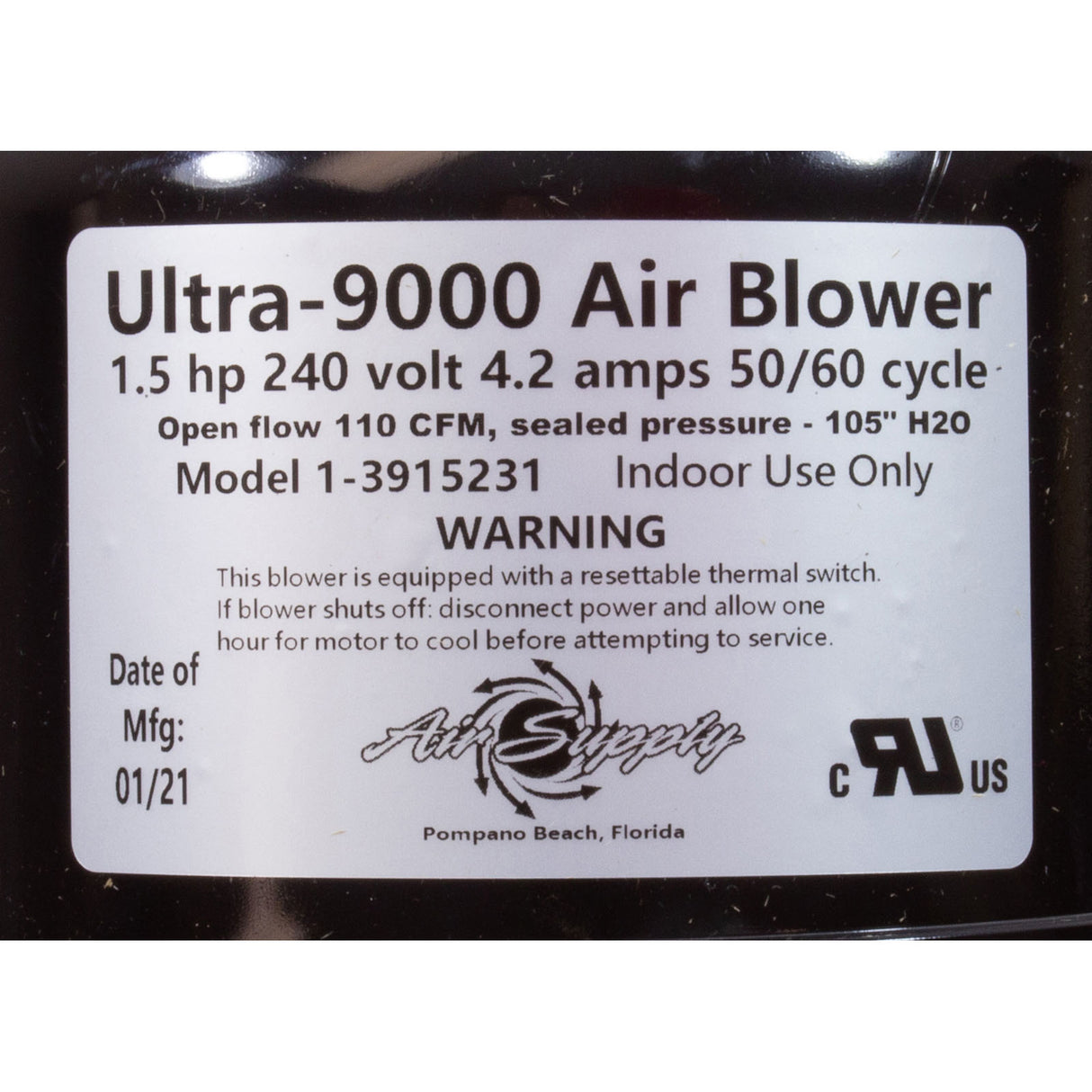 Blower, Air Supply Ultra 9000, 1.5hp, 230v, 4.2A, 4ft AMP : 3915231