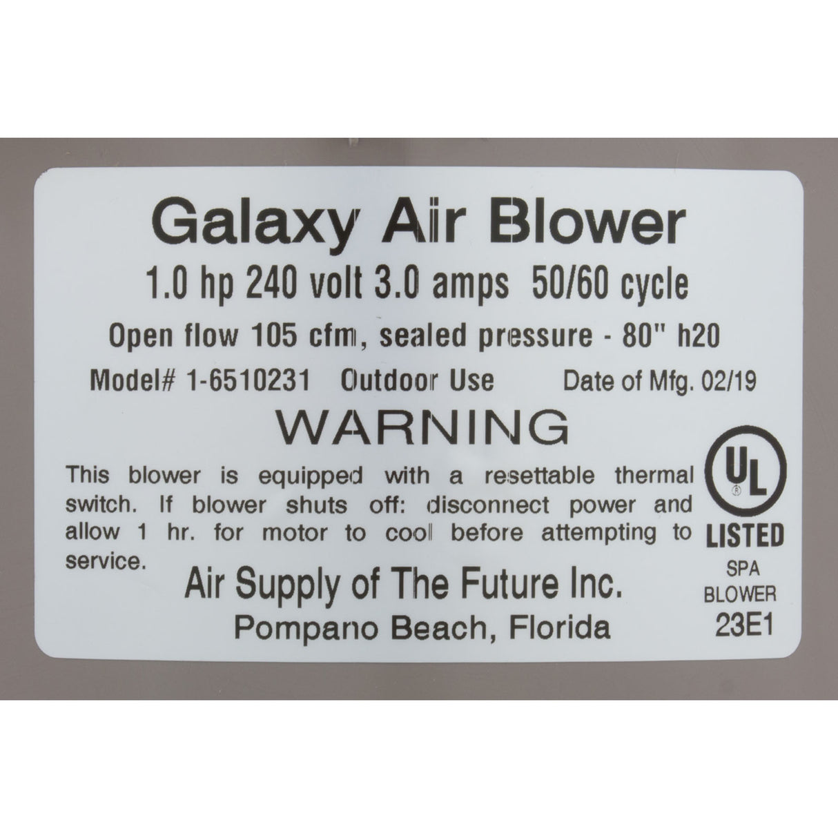 Blower, Air Supply Galaxy V2, 1.0hp, 230v, 3.0A, Hardwire : 6510231