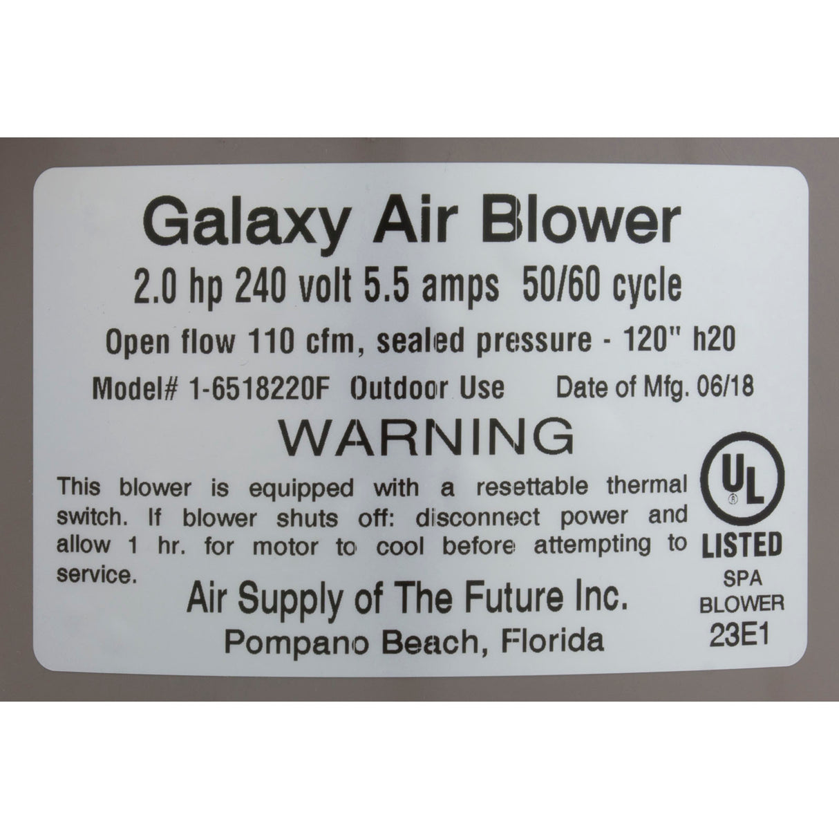 Blower, Air Supply Galaxy Pro, 2.0hp, 230v, 5.5A, Hardwire : 6520231