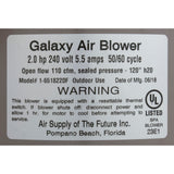 Blower, Air Supply Galaxy Pro, 2.0hp, 230v, 5.5A, Hardwire : 6520231