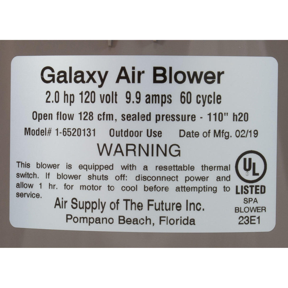 Blower, Air Supply Galaxy V2, 2.0hp, 115v, 9.9A, Hardwire : 6520131