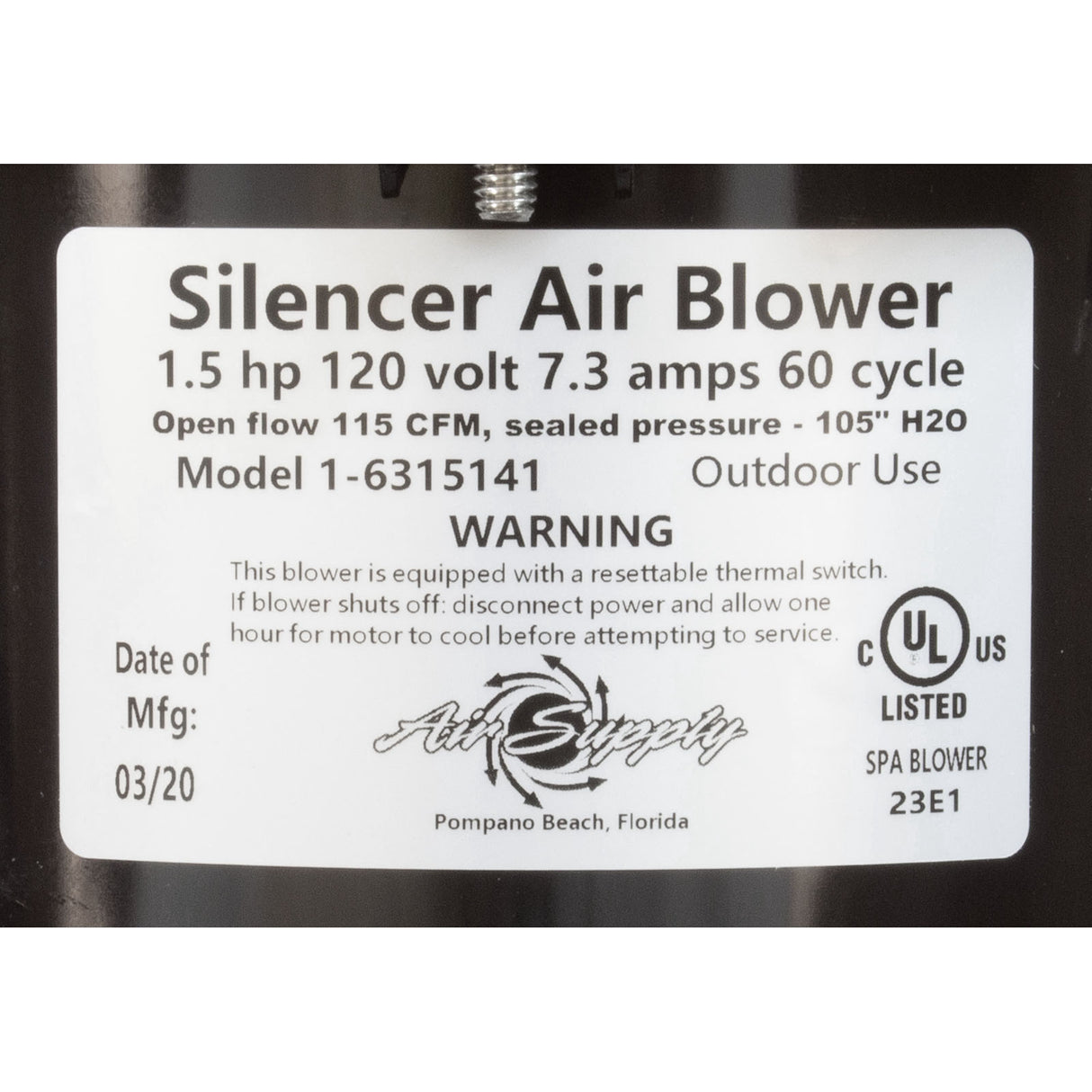 Blower, Air Supply Silencer, 1.5hp, 115v, 7.3A : 6315141