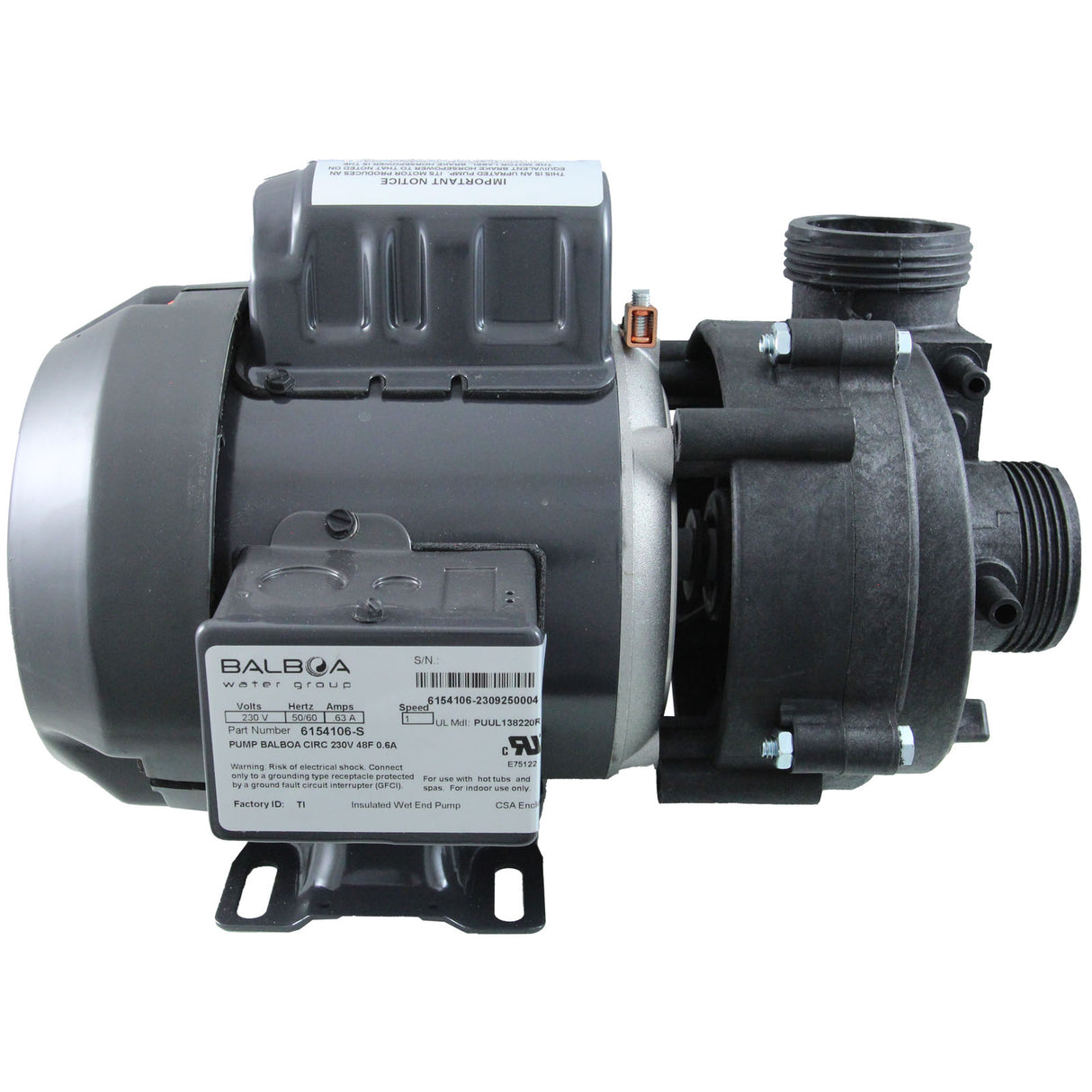 Pump, Circulation, BWG, 1/15hp, 230v, 0.7A, 48Fr, 1-1/2" : 6154106-S - Balboa Water Group - 6154106-S - PartsForSpas.com