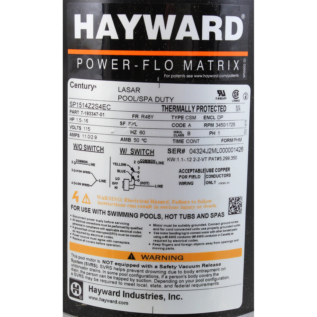 Pump, Hayward PowerFlo, 1.5hp, 2-Spd, 115V, 3' Cord : W3SP15932S - Hayward - 0610377386876 - PartsForSpas.com