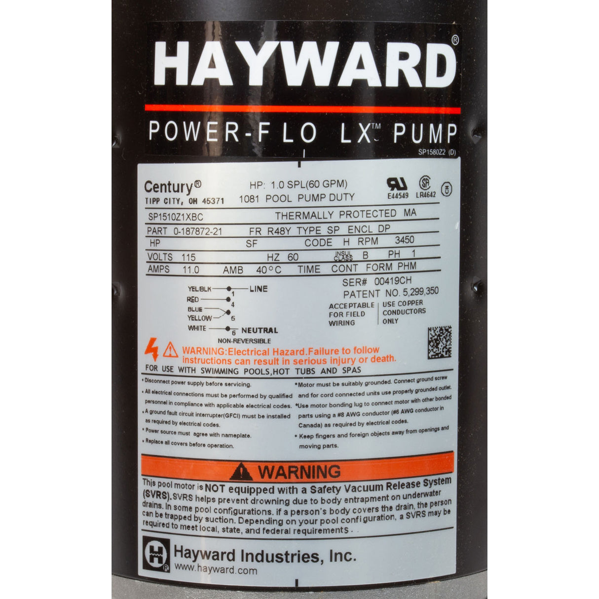 Pump, Hayward PowerFlo LX, 1.0hp, 115v, 1-Spd, 1-1/2", Nema : W3SP1580 - Hayward - W3SP1580 - PartsForSpas.com