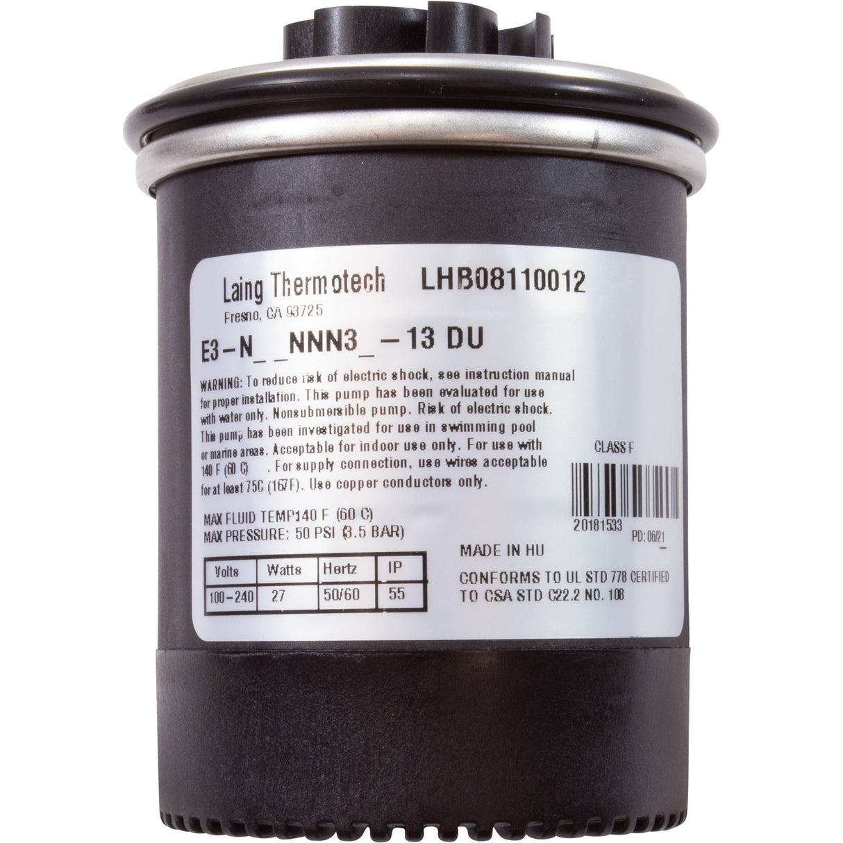 Pump, Circ, Laing E-3, 115v/230v, Drive Unit Only, OEM : LHB08110012