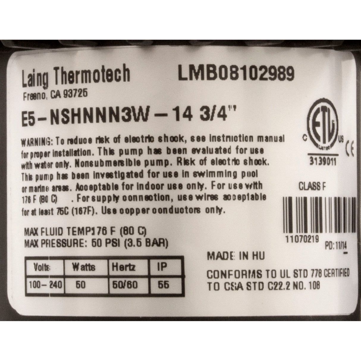 Pump, Laing Circ, Series E5, 115v/230v, 3/4"b, w/4ft Cord, OEM : 10-0102-K - Laing Thermotech - 10-0102-K - PartsForSpas.com