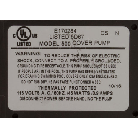 Pump, Submersible, Danner Cover Care Model 500, 45W, 3/4"GHT : 02555 - Danner Manufacturing Inc - 025033025554 - PartsForSpas.com