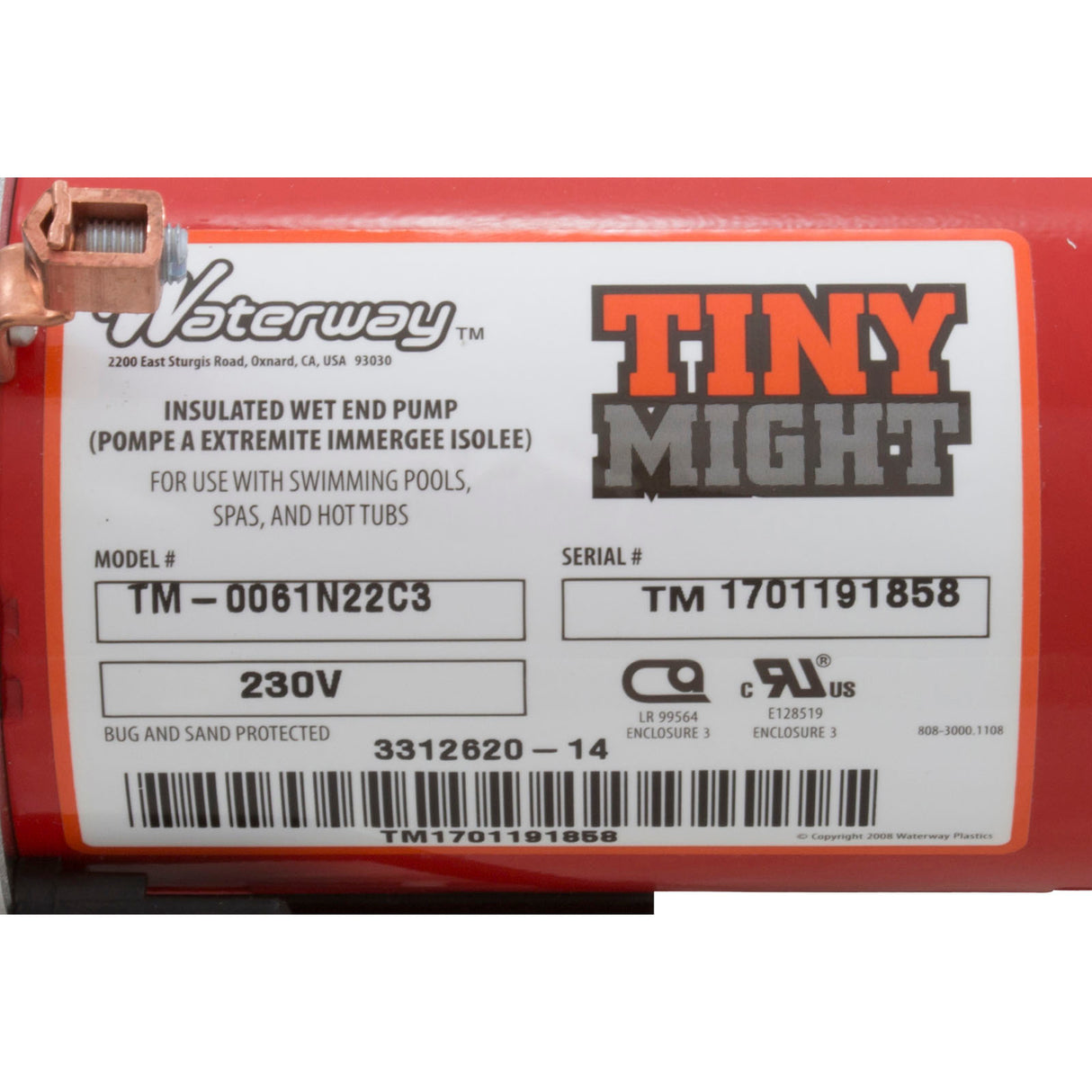 Pump, Circ, WW Tiny Might, 1/16hp, 230v, 1/2"s x s/1"Union, OEM : 3312620-14 - Waterway Plastics - 806105066152 - PartsForSpas.com