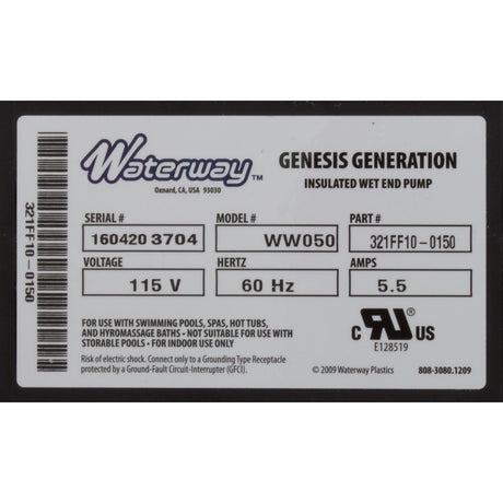 Pump, Bath, WW Genesis, 5.5A, 115v, 1-1/2", w/Rubber Pads, OEM, AS : 321FF10-0150 - Waterway Plastics - 806105400413 - PartsForSpas.com
