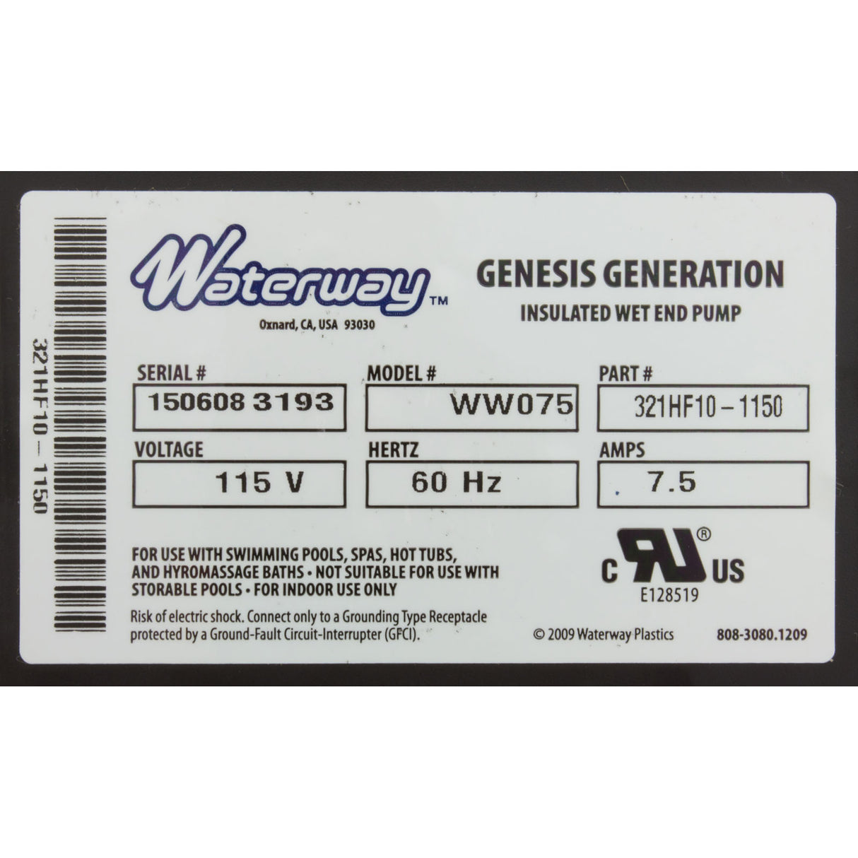 Pump, Bath, Waterway Genesis, 7.5A, 115v, 1-1/2", OEM, AS : 321HF10-0150 - Waterway Plastics - 806105400451 - PartsForSpas.com