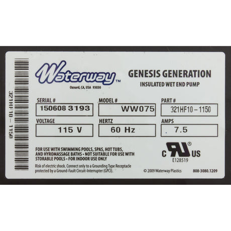 Pump, Bath, Waterway Genesis, 7.5A, 115v, 1-1/2", OEM, AS : 321HF10-0150 - Waterway Plastics - 806105400451 - PartsForSpas.com