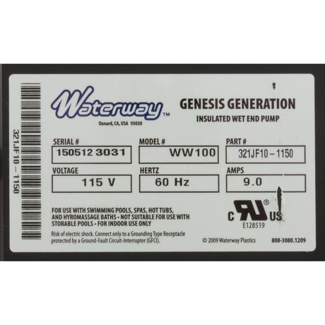 Pump, Bath, Waterway Genesis, 9.0A, 115v, 1-1/2", OEM, AS : 321JF10-0150 - Waterway Plastics - 806105400475 - PartsForSpas.com