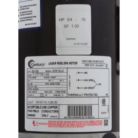 Pump, WW E-Series, 0.75hp, 115v, 2-Spd, 48fr, 1-1/2", OEM : 3420310-15 - Waterway Plastics - 806105070814 - PartsForSpas.com