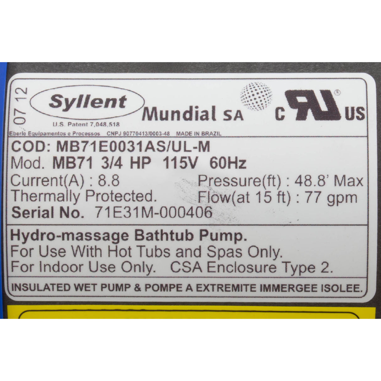 Pump, Syllent, 0.75 Horsepower, 115v, 100% Drain, JJ cord, OEM : MB71E0031AS/ULM - Mundial - MB71E0031AS/ULM - PartsForSpas.com