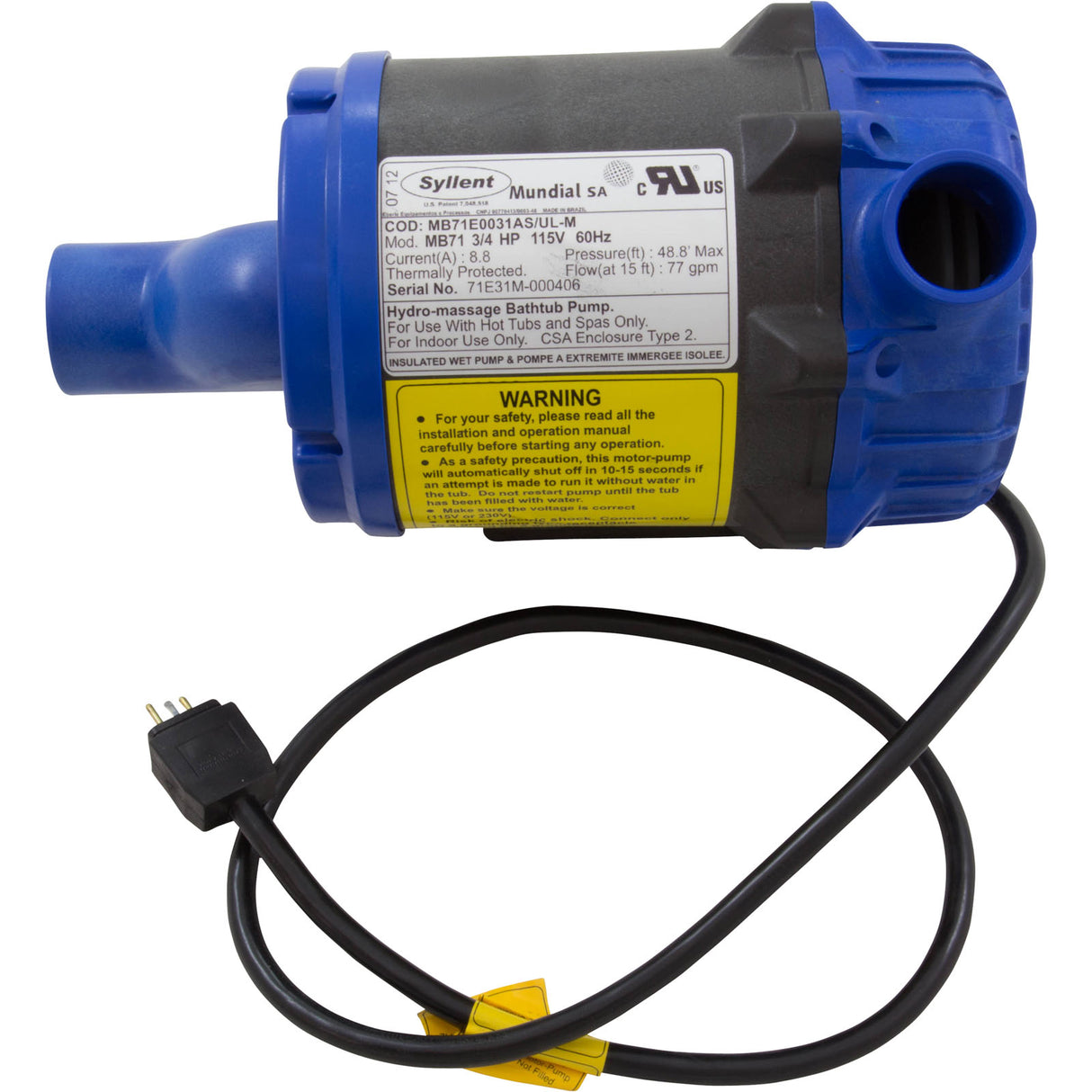 Pump, Syllent, 0.75 Horsepower, 115v, 100% Drain, JJ cord, OEM : MB71E0031AS/ULM - Mundial - MB71E0031AS/ULM - PartsForSpas.com