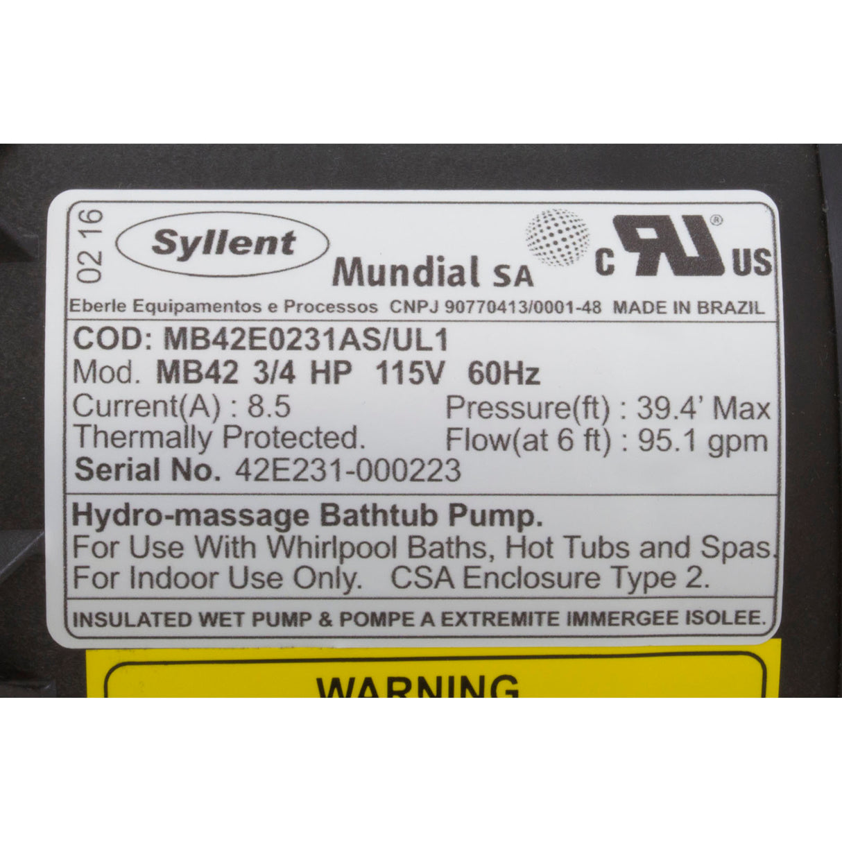 Pump, Syllent, 0.75 Horsepower, 115v, Nema Plug : MB42E0231AS/UL1 - Mundial - MB42E0231AS/UL1 - PartsForSpas.com