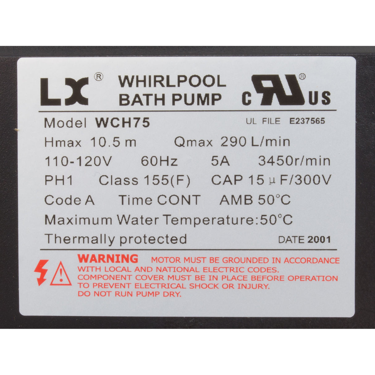 Pump, Bath, LX WCH, 5.0A, 115v, 1.5", w/Air Switch : WCH75 - Lingxiao (LX) Pump - WCH75 - PartsForSpas.com
