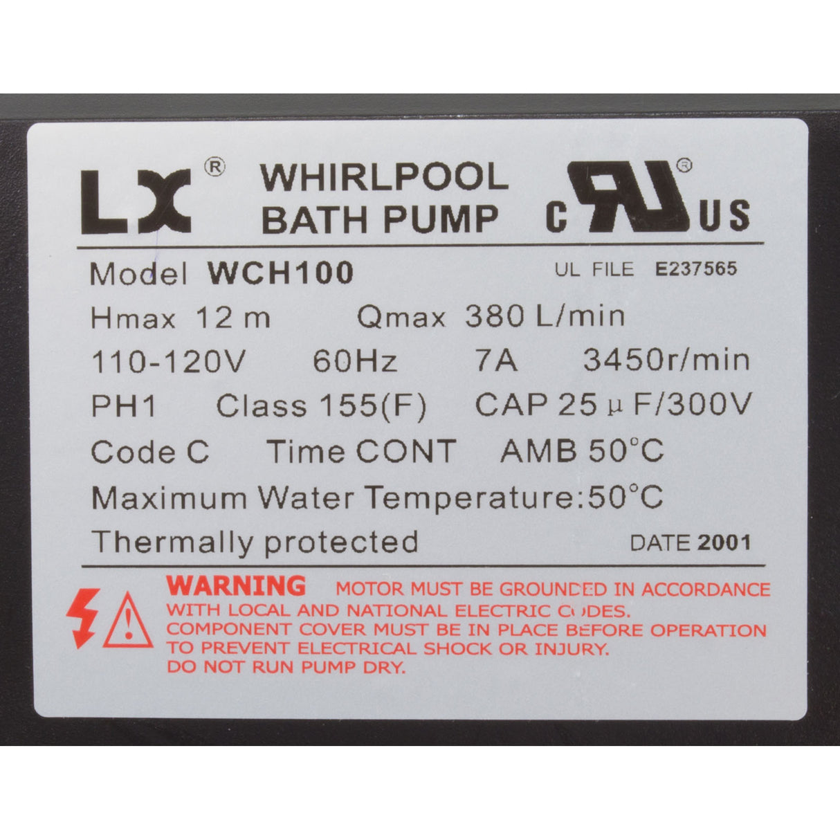 Pump, Bath, LX WCH, 7.0A, 115v, 1.5", w/Air Switch : WCH100 - Lingxiao (LX) Pump - WCH100 - PartsForSpas.com