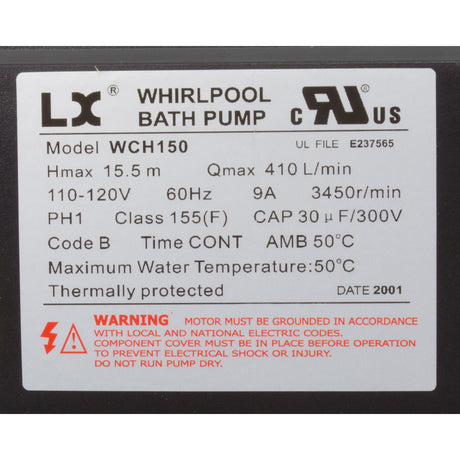 Pump, Bath, LX WCH, 9.0A, 115v, 1.5", w/Air Switch : WCH150 - Lingxiao (LX) Pump - WCH150 - PartsForSpas.com