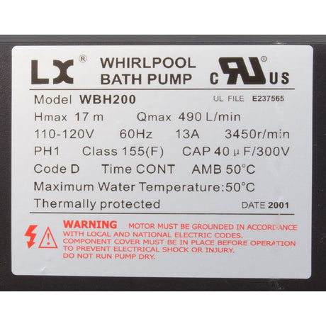 Pump, Bath, LX WBH, 13.0A, 115v, 1.5", w/Air Switch : WBH200 - Lingxiao (LX) Pump - WBH200 - PartsForSpas.com