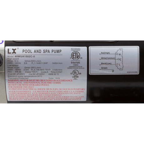 Pump, LX 48WUA, 1.5hp, 230v, 2-Spd, 48Fr, 2" : 48WUA1502C-II - Lingxiao (LX) Pump - 789363010045 - PartsForSpas.com
