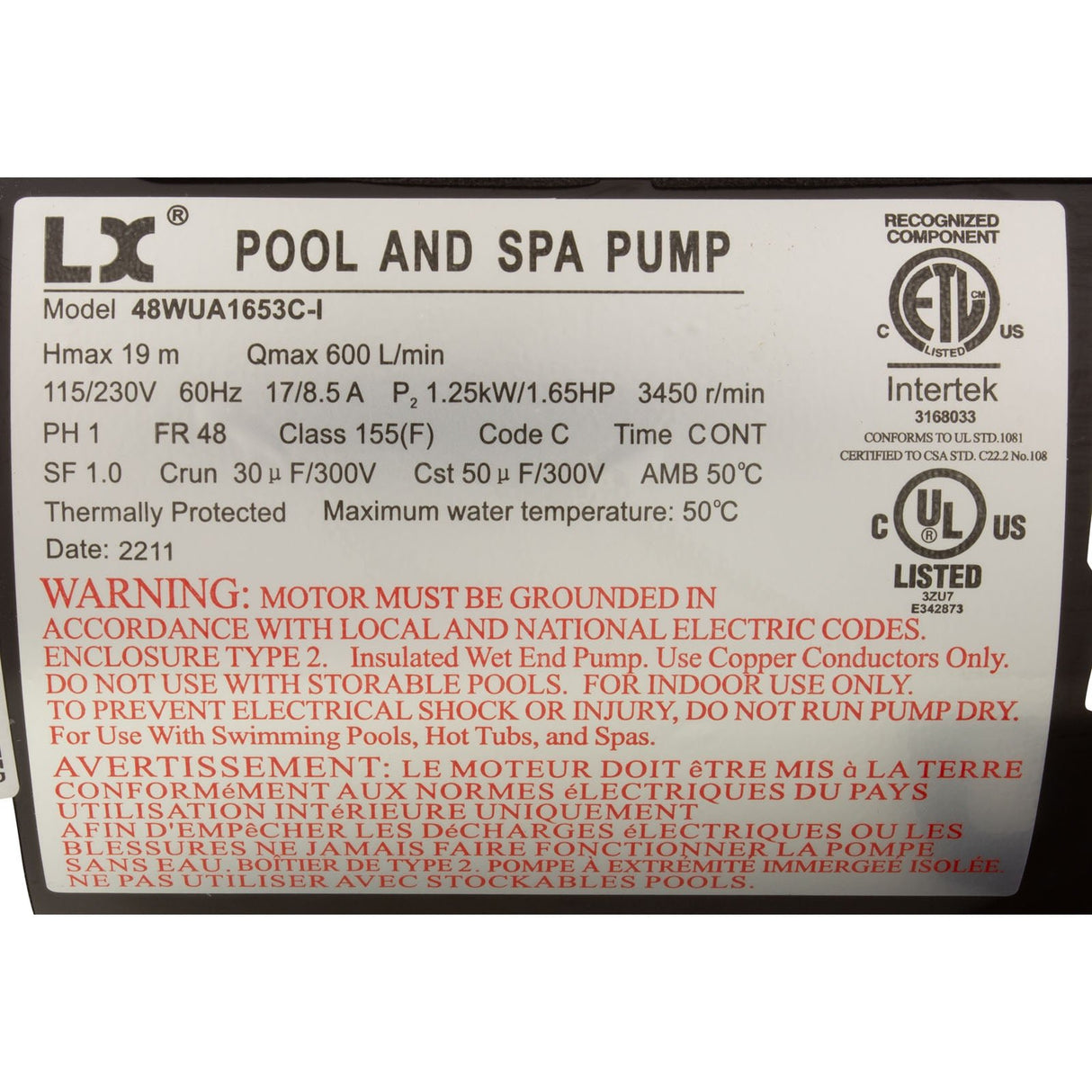 Pump, LX 48WUA, 1.65hp, 115v/230v, 1-Spd, 48Fr, 2" : 48WUA1653C-I - Lingxiao (LX) Pump - 48WUA1653C-I - PartsForSpas.com